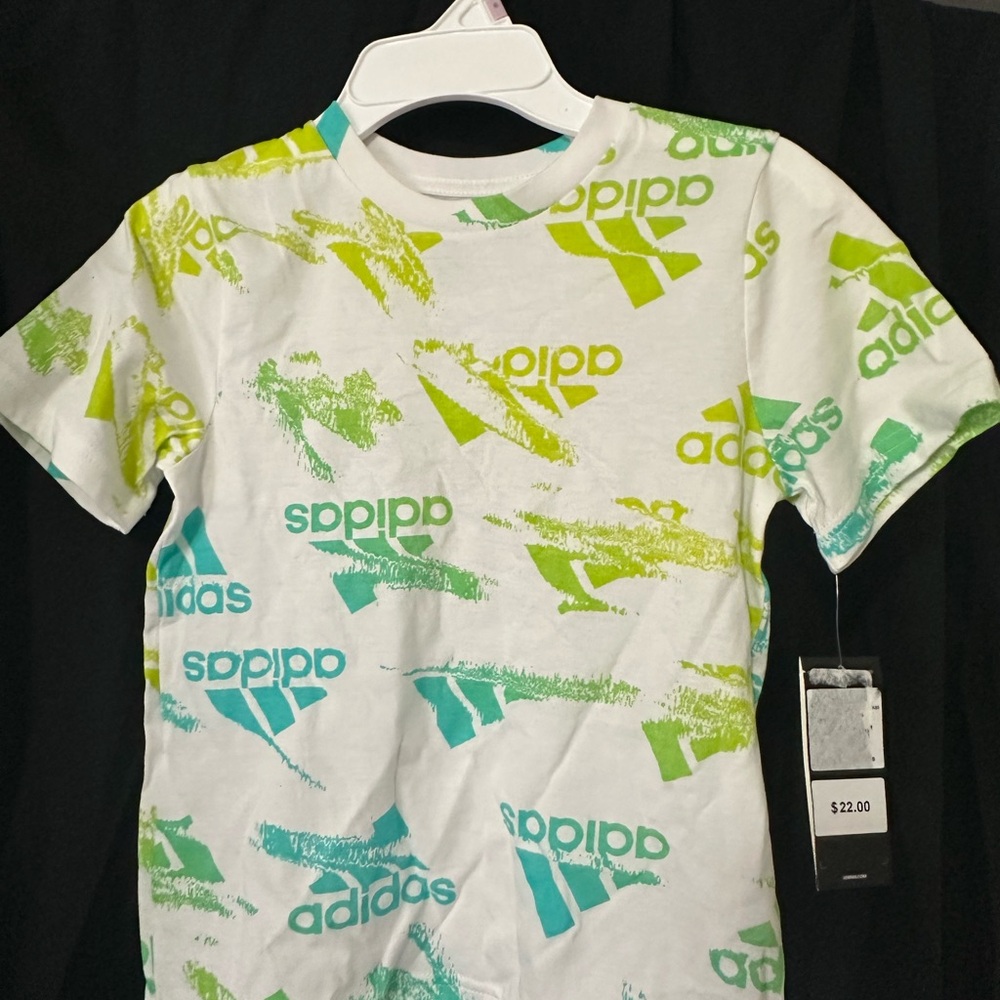 Adidas Kids Graphic Tee - White, Green, and Blue Size 6